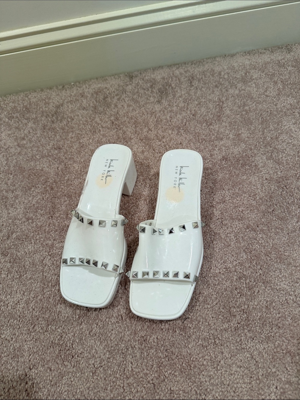 Nicole Miller White Patent Studded Block Heel Mules